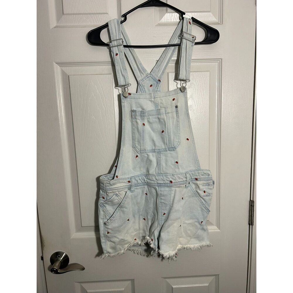 TINSELTOWN Light Wash Embroidered Strawberry Shortalls Denim Overalls Medium